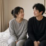 無地の上下ルームウェアを着て寝室でくつろぐ40代の夫婦