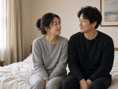 無地の上下ルームウェアを着て寝室でくつろぐ40代の夫婦
