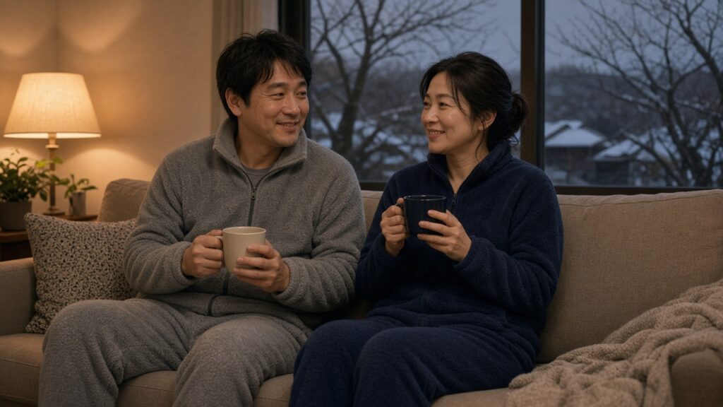 無地の起毛ルームウェアを着てリビングでくつろぐ30代の夫婦