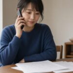 電話をしながら書類を確かめる20代の女性