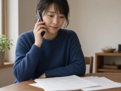 電話をしながら書類を確かめる20代の女性
