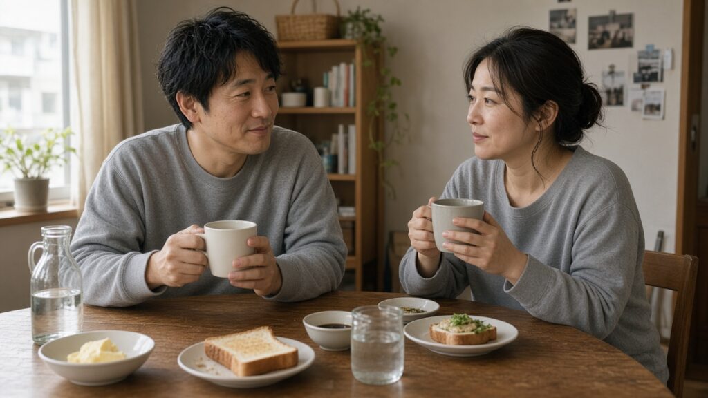 休日の朝、ダイニングでコーヒーを飲みながらくつろぐ30〜40代の夫婦。そろいのシンプルなルームウェア姿