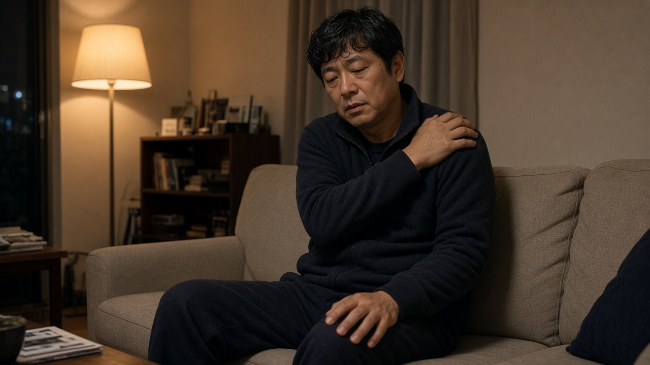 夜、リビングのソファで肩を回しながら一息つく40〜50代の男性。間接照明の落ち着いた部屋