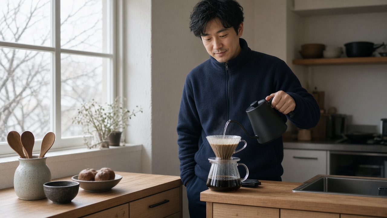 休日の朝、キッチンでコーヒーを入れる30代の男性。無地のネイビーのフリース上下を着て、穏やかな表情