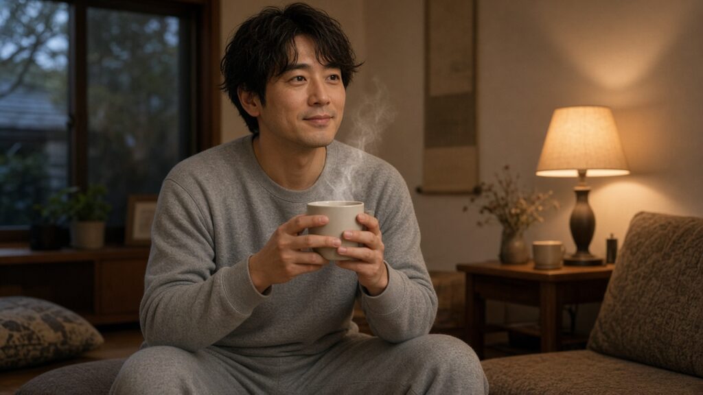 肌寒い秋の夜、無地のグレーの長袖ルームウェアを着た30代の男性が、湯気の立つマグカップを手に、リビングで穏やかにほほえんでいる