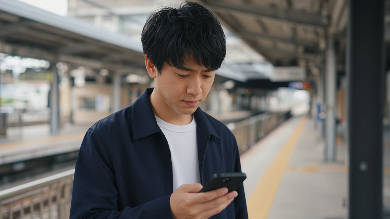 駅のホームでスマホの充電残量を確かめる20代の男性