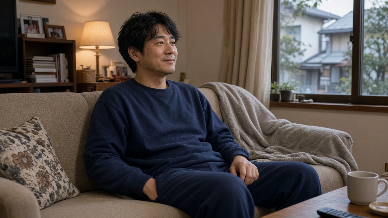 夕方のリビングで、無地のネイビーのルームウェアを着た40代の男性がソファに座り、穏やかな表情で一息ついている