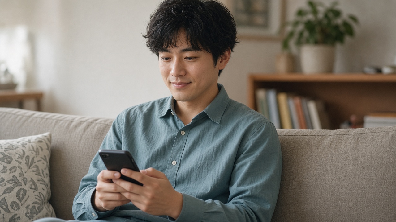 スマホを手にソファでほっとする20代の男性