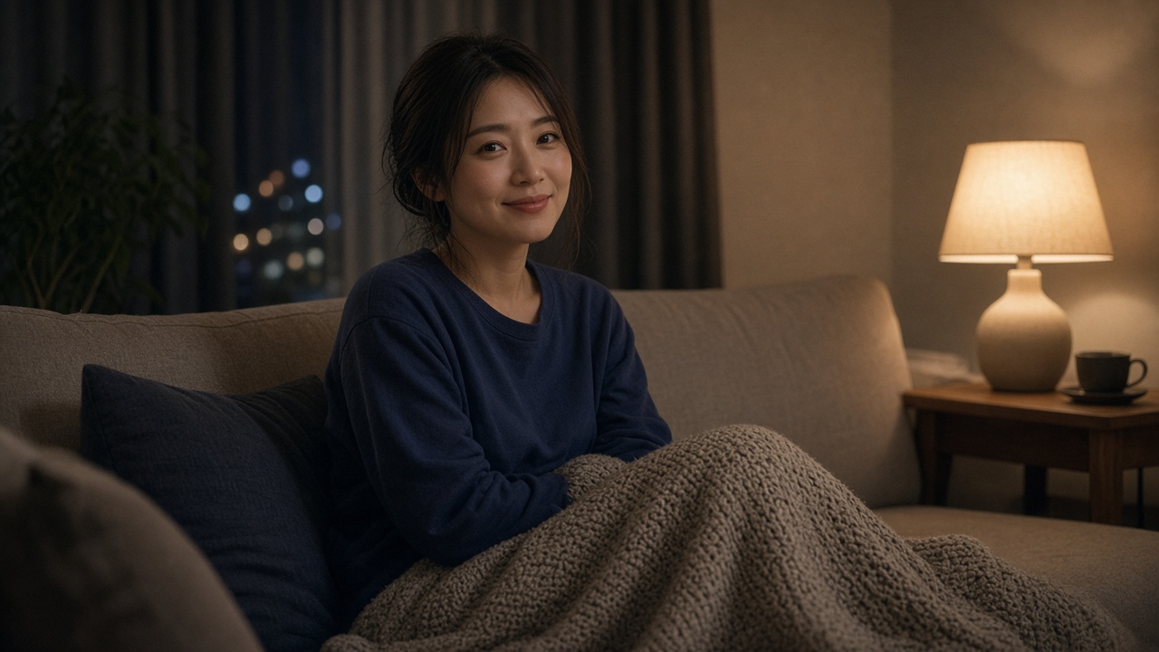夜のリビングで、無地のネイビーの長袖ルームウェアを着た30歳前後の女性が、ソファでひざ掛けをかけて穏やかにほほえんでいる