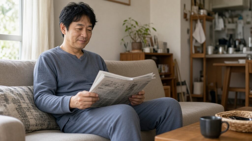 リカバリーウェアの上下を着て、リビングで新聞を読む40代男性