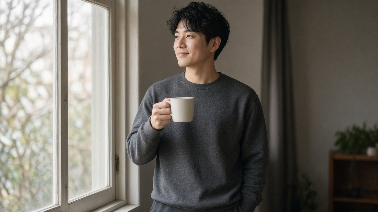 休日の朝、無地のダークグレーのスウェット上下を着た30歳前後の男性が、窓辺でコーヒーを飲みながら穏やかにほほえんでいる