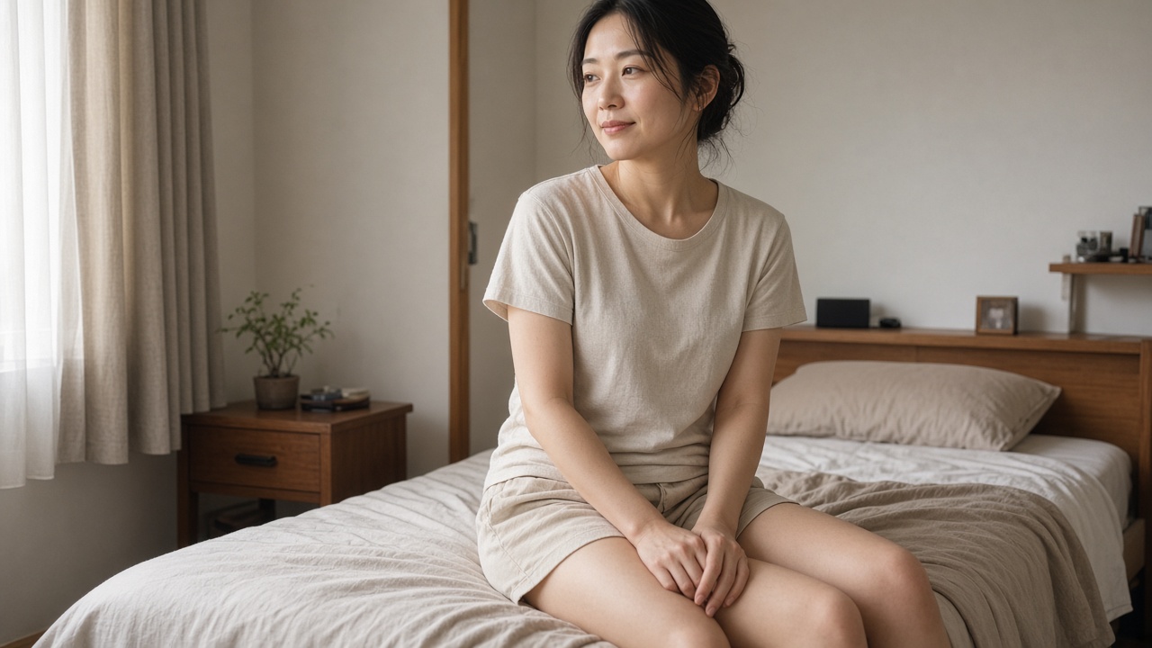 寝室で、無地のベージュの半袖・ショートパンツのルームウェアを着た30代の女性が、ベッドに腰かけて穏やかに笑っている