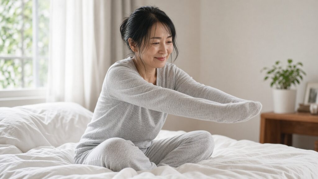 寝室で、無地のライトグレーの長袖上下を着た30代の女性が、ベッドの上で軽くストレッチをしながら穏やかに笑っている