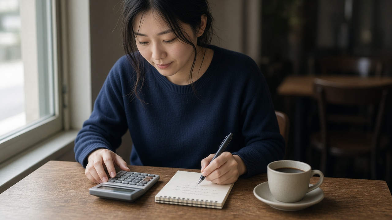 電卓とメモで毎月の支出を計算する20代の女性