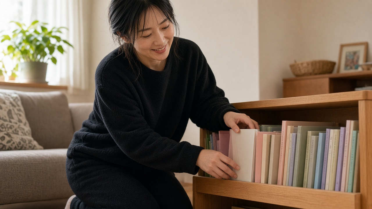 リビングで子どもの絵本を片づける30代の女性。無地の黒の起毛フリース上下を着て、穏やかに微笑んでいる