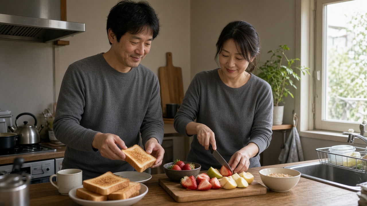 休日の朝、無地のチャコールグレーの長袖ルームウェアを着た40代の夫婦が、キッチンで並んで朝食の準備をしている