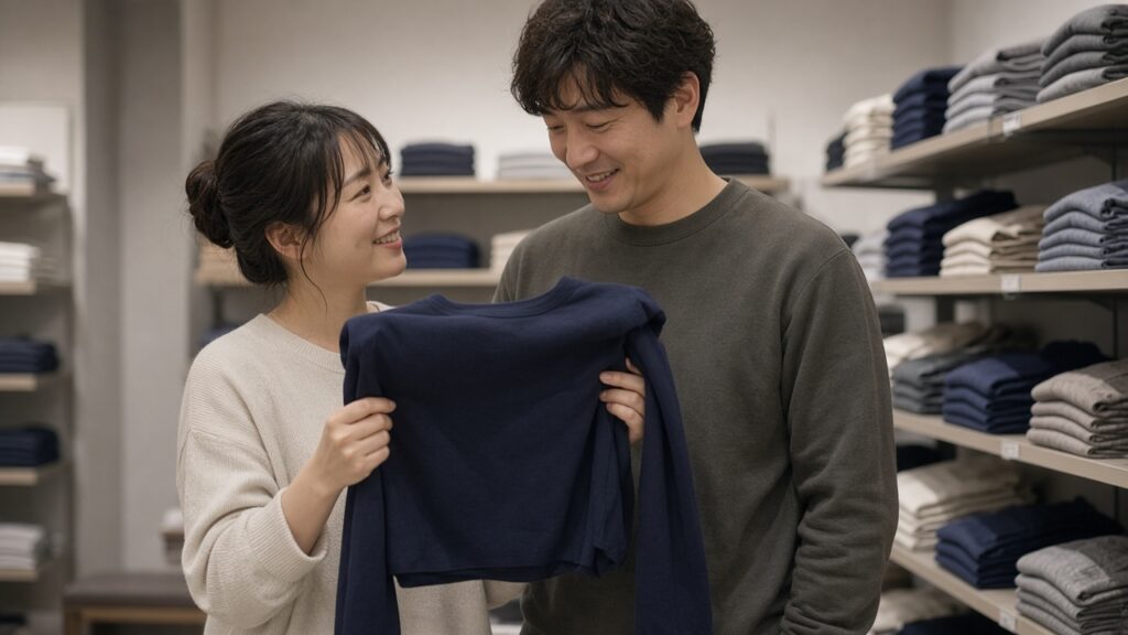 お店で、リカバリーウェアを手に取ってサイズを確かめる30代夫婦