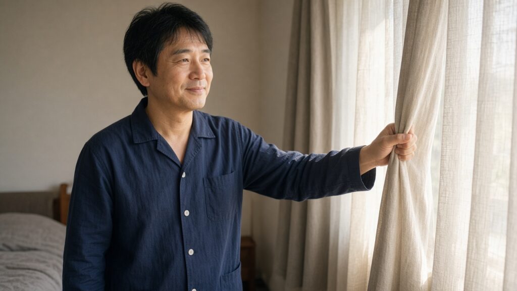 朝の寝室で、無地のネイビーの前開きパジャマを着た40代の男性が、カーテンを開けながら穏やかにほほえんでいる