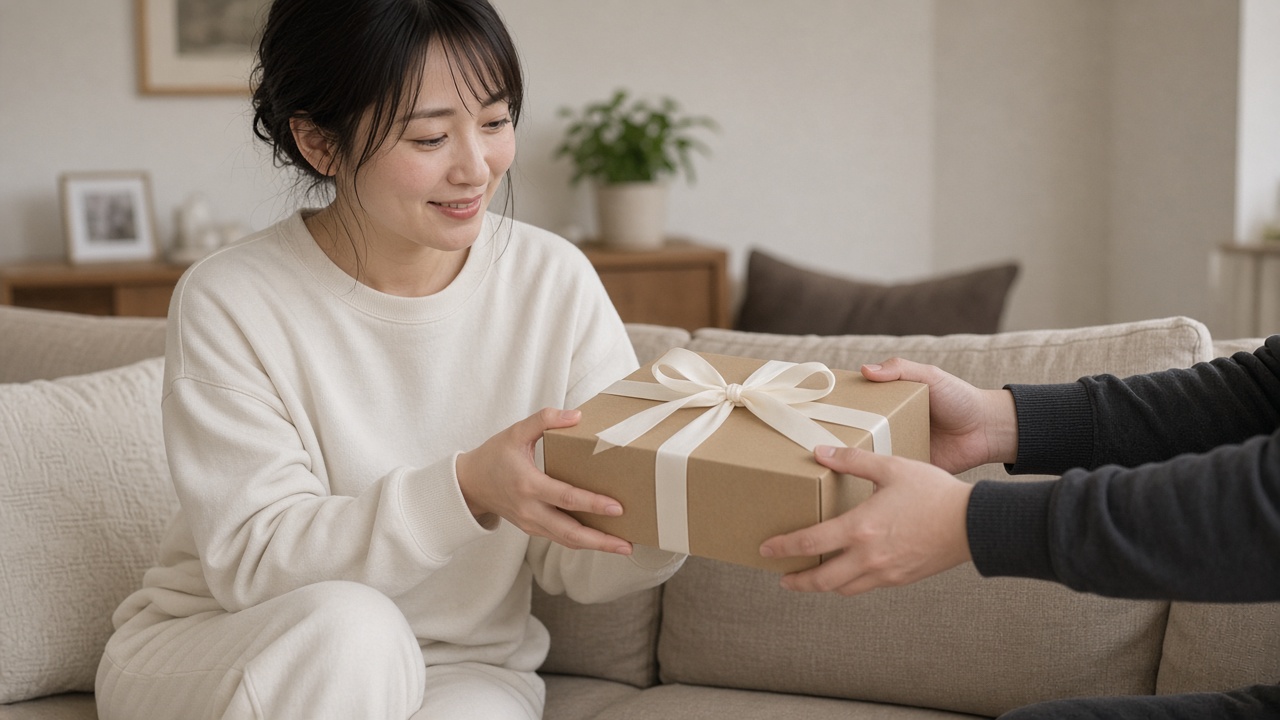 リビングで、無地のアイボリーのスウェット上下を着た30歳前後の女性が、リボンのかかったギフトボックスを受け取り、穏やかに笑っている