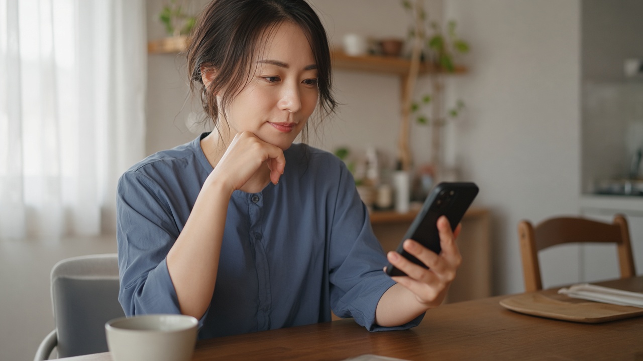 スマホの写真を見ながら考える20代の女性
