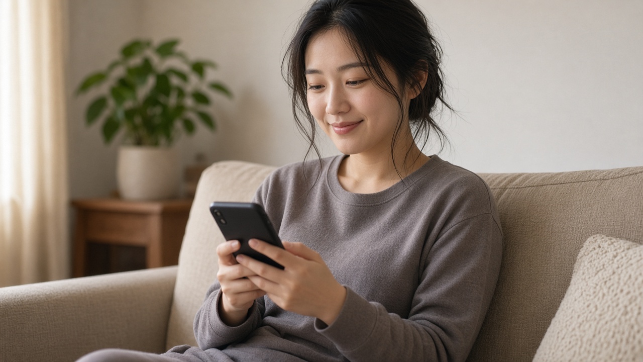 スマホで手続きを終えてほっとする20代の女性