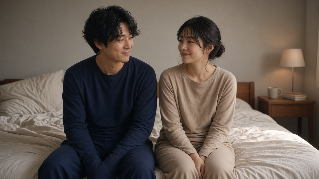 寝室で、無地のネイビーとベージュの長袖上下をそれぞれ着た30歳前後の夫婦が、並んでベッドに腰かけて穏やかに笑っている