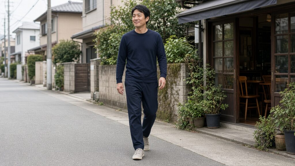 リカバリーウェアを着て、近所のカフェへ出かける40代男性