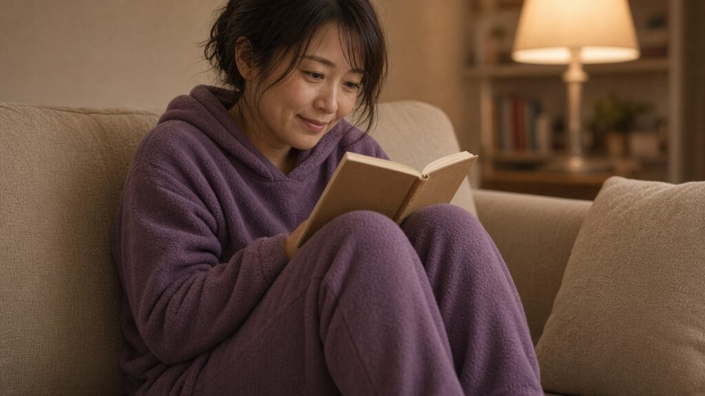 ソファで、無地のパープルのフリース上下を着た30代の女性が、ひざを抱えて本を読みながら穏やかに笑っている