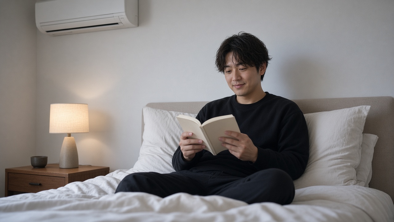 エアコンの効いた寝室で、無地のブラックの長袖上下を着た30歳前後の男性が、ベッドで本を読みながら穏やかにほほえんでいる
