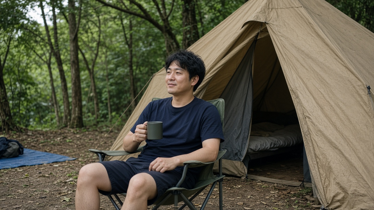 キャンプ場のテントの前で、無地のネイビーのTシャツとショーツを着た30代の男性が、椅子に座って穏やかに笑っている