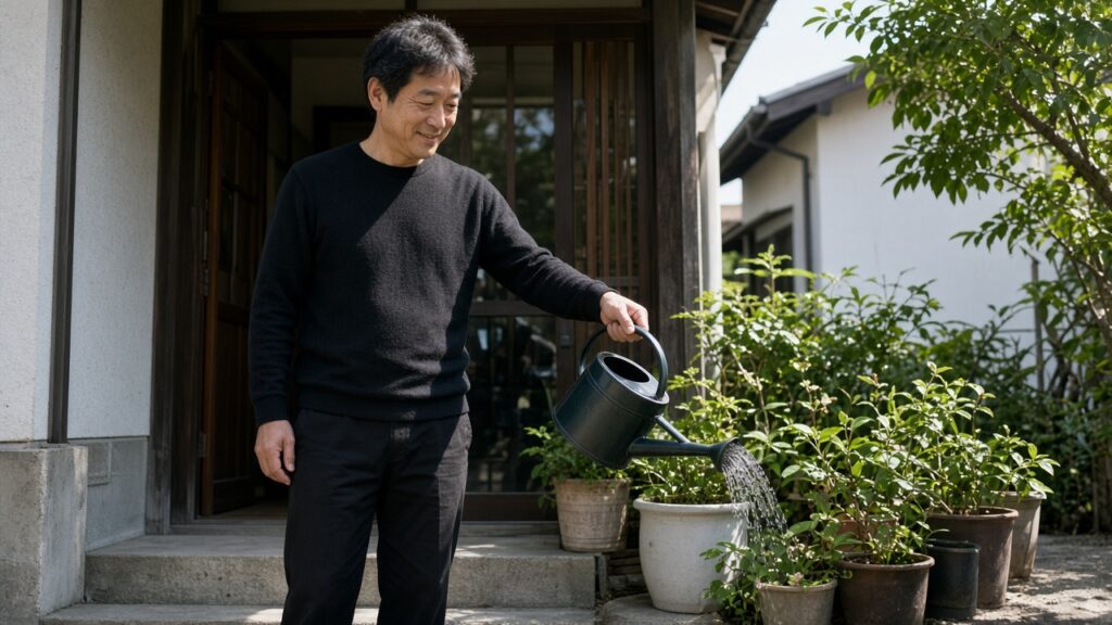 休日の昼、無地のブラックの長袖上下を着た40代の男性が、玄関先で植木に水をやりながら穏やかにほほえんでいる