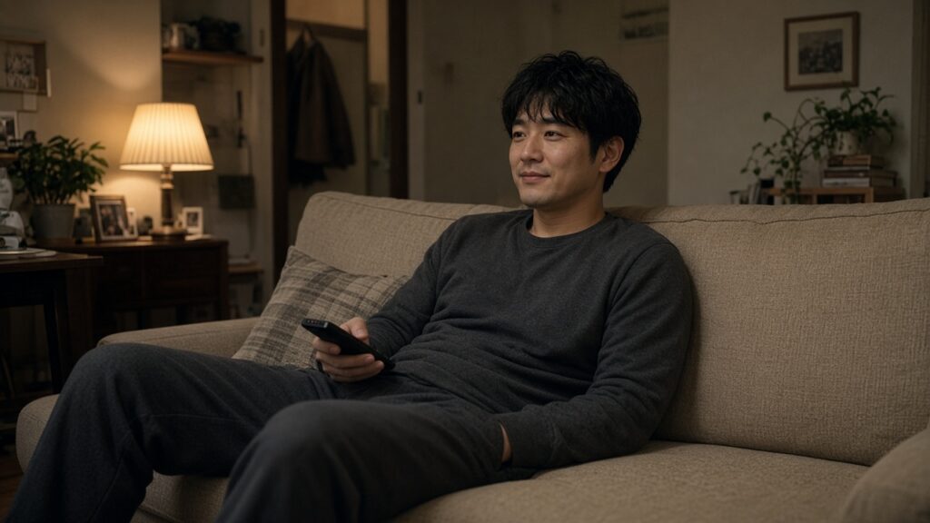 リカバリーウェアを着て、ソファでテレビを見ながらくつろぐ30代男性
