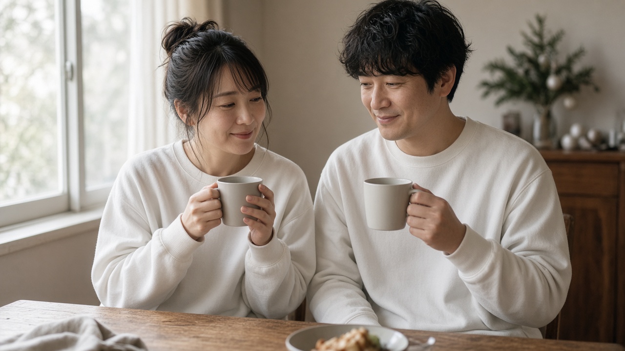 休日の朝、無地のオフホワイトのスウェット上下を着た30代の夫婦が、ダイニングで並んでコーヒーを飲みながら笑っている