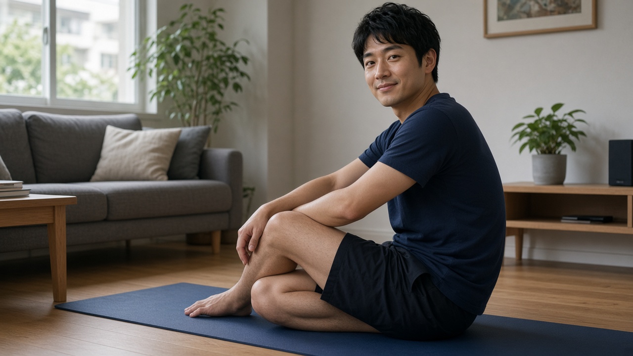 トレーニング後、無地のネイビーの半袖Tシャツとハーフパンツを着た30歳前後の男性が、リビングでストレッチをしながら穏やかに笑っている