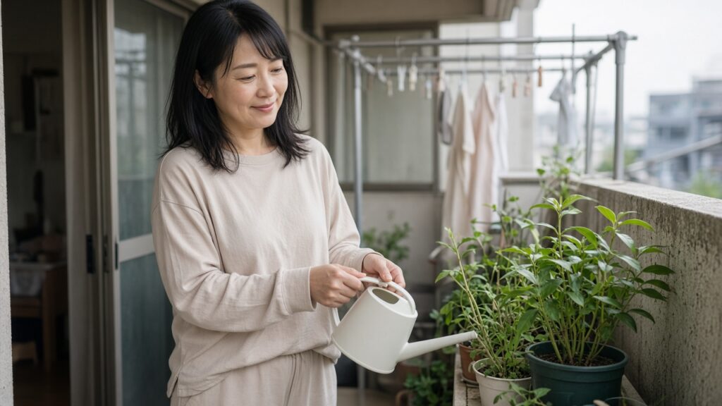 リカバリーウェアを着て、ベランダで植物に水をやる40代女性