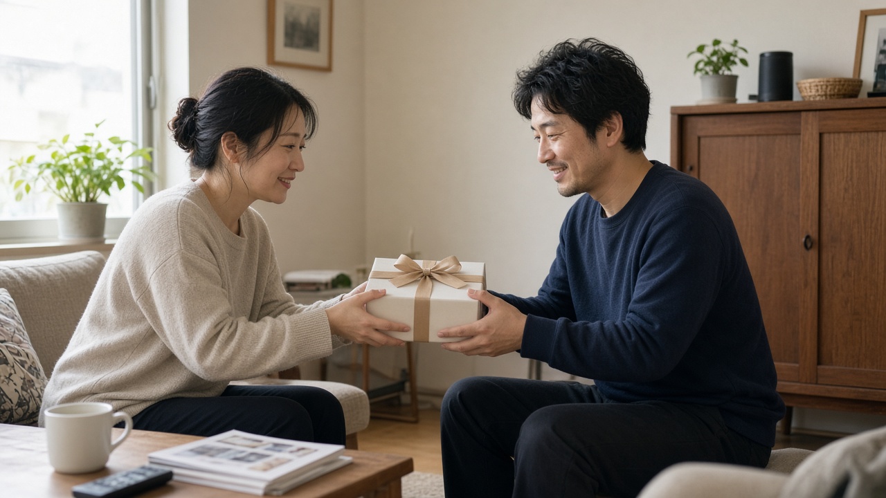 30代の夫婦が、リボンをかけたギフトボックスを笑顔で手渡ししている(中身は無地のルームウェア)