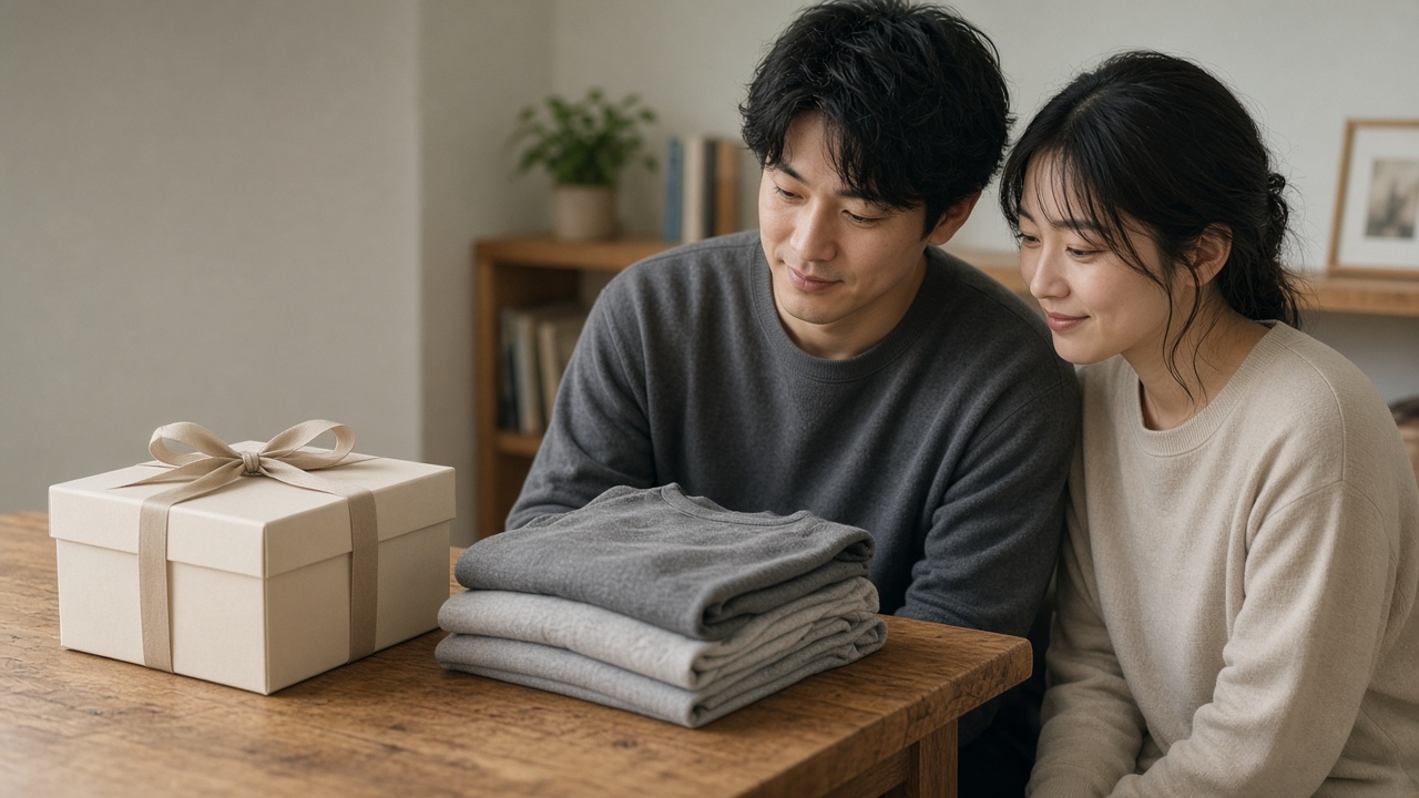 テーブルの上に、リボンをかけたギフトボックスと、無地のルームウェアがたたまれて置かれている。そばで30歳前後の夫婦が穏やかに笑っている