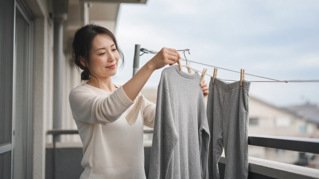 ベランダで、無地のリカバリーウェアを洗濯ばさみで干している30代の女性が、穏やかにほほえんでいる